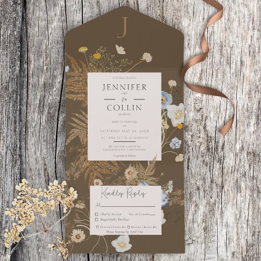 Rustikale Wildblumen Monogramm Braun Abendessen All In One Einladung