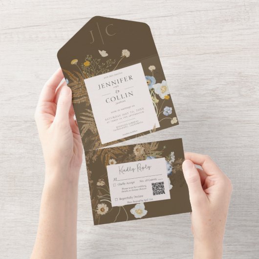 Rustikale Wildblumen Monogramm braun QR-Code All In One Einladung (Abreißen)