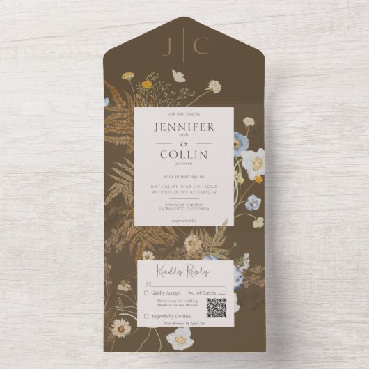 Rustikale Wildblumen Monogramm braun QR-Code All In One Einladung (Innen Boden)