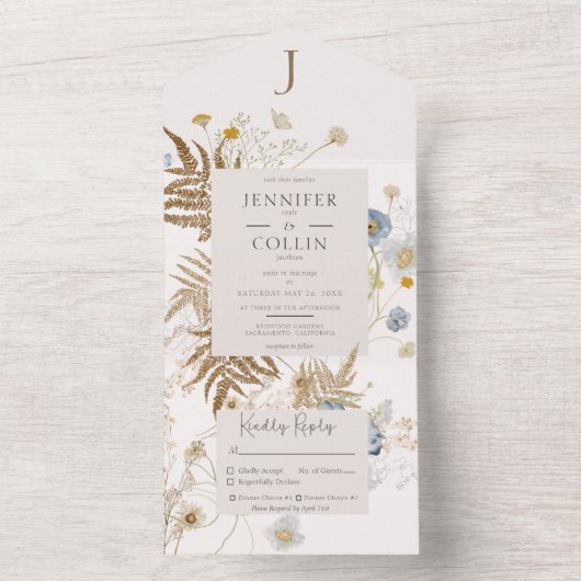 Rustikale Wildblumen Monogramm Creme Dinner All In One Einladung (Innen Boden)