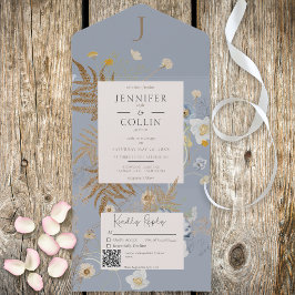 Rustikale Wildblumen Monogramm Dusty Blue QR Code All In One Einladung
