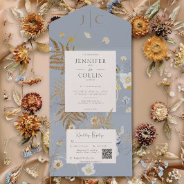 Rustikale Wildblumen Monogramm Dusty Blue QR Code All In One Einladung