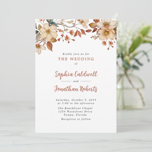 Rustikale Wildblumen QR Code Hochzeit im Herbst Einladung (Stehend Vorderseite)