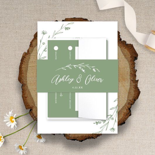 Rustikale Wildblumen Script Sage Green Wedding Einladungsbanderole