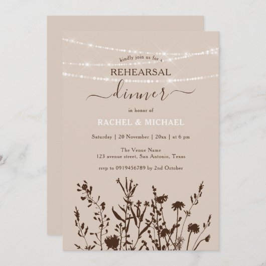 Rustikale Wildblumen String Lights Probe Abendesse Einladung (Vorne/Hinten)