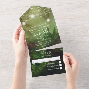 Rustikale wilde Waldgrün-Hochzeit in einem All In One Einladung