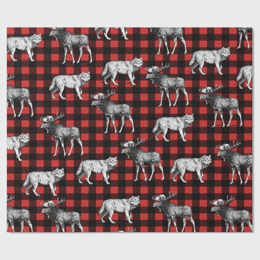 Rustikale Wilderness Wolves & Moose Buffalo Karier Geschenkpapier (Flach)