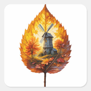 Rustikale Windmühle im Herbstglühen Quadratischer Aufkleber