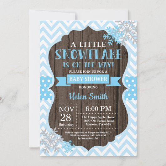 Rustikale Winter Baby Dusche Blue Snowflake Einladung (Vorderseite)