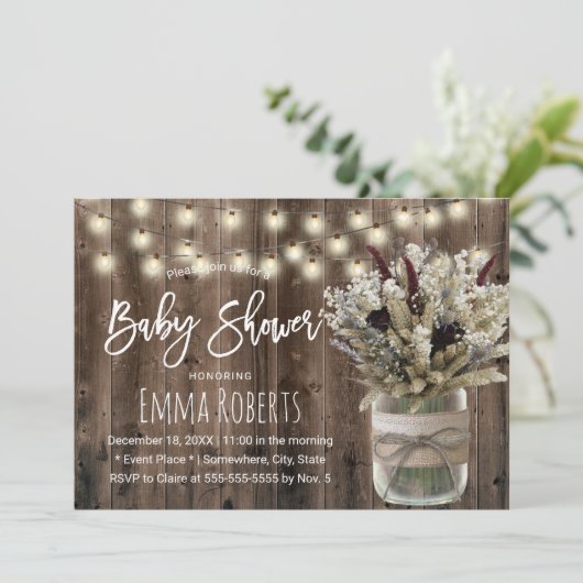 Rustikale Winter Baby Dusche floral Jar String Lig Einladung (Stehend Vorderseite)