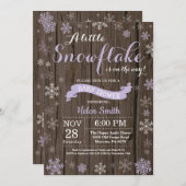Rustikale Winter Baby Dusche Lila Weißschneeflocke Einladung (Vorne/Hinten)