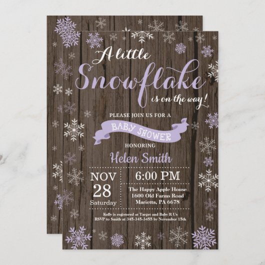Rustikale Winter Baby Dusche Lila Weißschneeflocke Einladung (Vorne/Hinten)