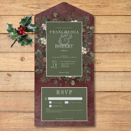 Rustikale Winter Berries & Pine Burgund Details All In One Einladung
