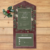 Rustikale Winter Berries & Pine Burgund Zwei-Dinne All In One Einladung