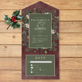 Rustikale Winter Berries & Pine Burgund Zwei-Dinne All In One Einladung