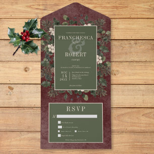 Rustikale Winter Berries & Pine Burgund Zwei-Dinne All In One Einladung