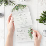 Rustikale Winter Berries Pine Cone Grüne All In One Einladung<br><div class="desc">Schöne Hochzeitseinladungen mit handgemalten botanischen Aquarellbildern aus Wintergrün,  Kiefer- und Fichtenzweigen,  Kegeln und heiligen Beeren. Ideal für Hochzeiten im Winter oder Weihnachten.</div>