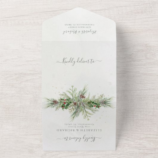 Rustikale Winter Berries Pine Cone Grüne All In One Einladung (Außenbereich)