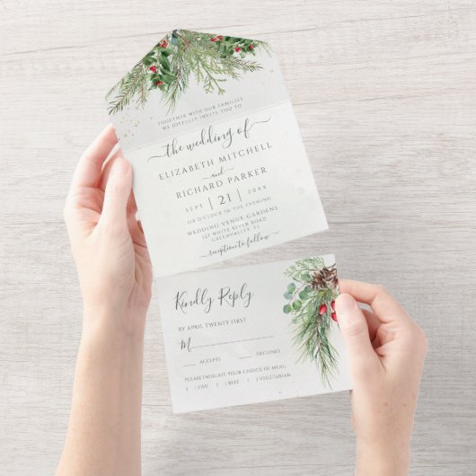 Rustikale Winter Berries Pine Cone Grüne All In One Einladung (Abreißen)