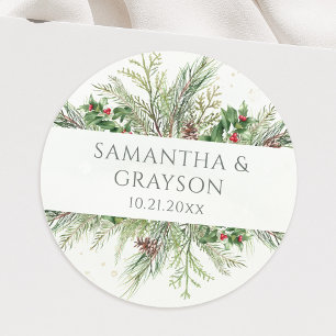 Rustikale Winter Berries Pine Cone Grüne Hochzeit Runder Aufkleber