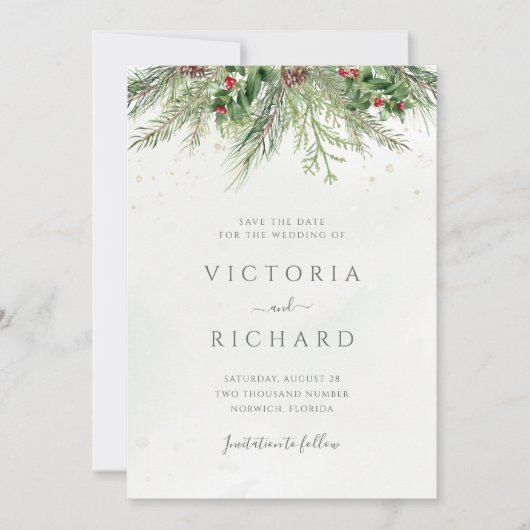 Rustikale Winter Berries Pine Cone Grüne Hochzeit Save The Date (Vorderseite)