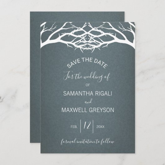 Rustikale Winter Birch Tree Save the Date Karte (Vorne/Hinten)