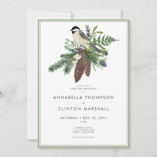 Rustikale Winter Bird & Pine Frame Wedding Einladung (Vorderseite)
