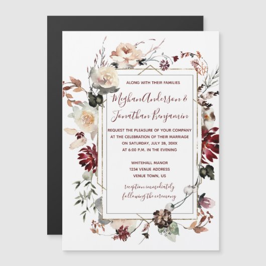 Rustikale Winter Bloom floral Burgund Hochzeit | Magneteinladung (Vorne/Hinten)