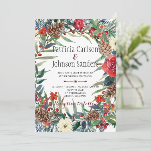 Rustikale Winter-Blume und Berries | Burgunderrot Einladung (Stehend Vorderseite)