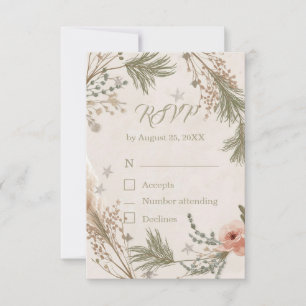 Rustikale Winter-Boho-RSVP-Karte mit Kiefernzweige Dankeskarte