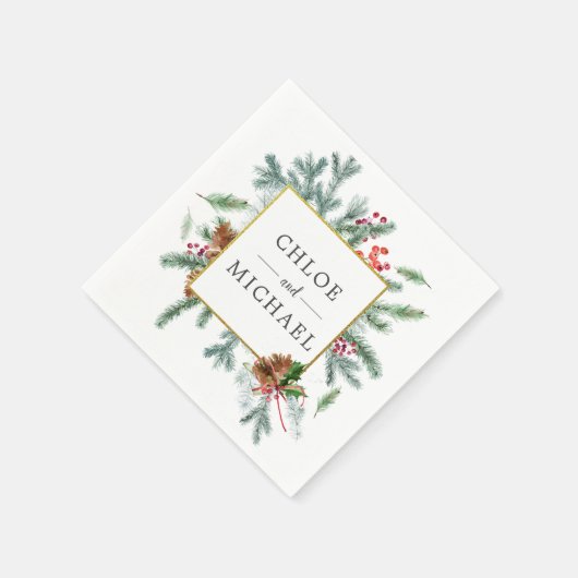 Rustikale Winter Botanische Grünpflanzen Red Bow W Serviette (Ecke)