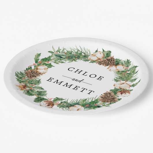 Rustikale Winter-Botanische Kleider-Hochzeit Pappteller (Schrägansicht)