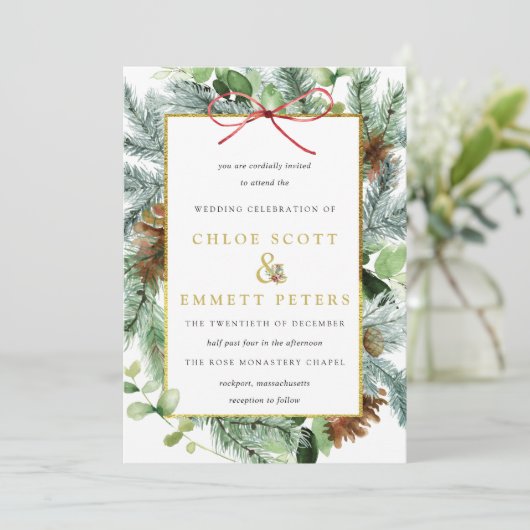 Rustikale Winter Botanische Pine Hochzeit Einladun Einladung (Stehend Vorderseite)