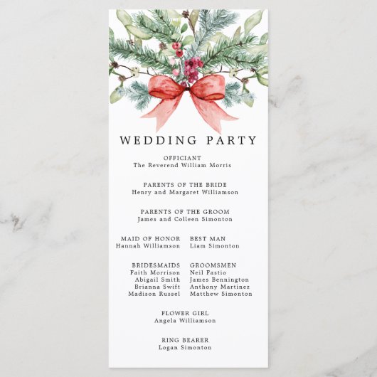 Rustikale Winter Botanische Rote Bow DIY Hochzeit Programm (Rückseite)