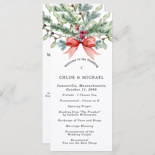 Rustikale Winter Botanische Rote Bow DIY Hochzeit Programm (Vorne/Hinten)