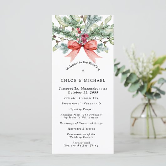 Rustikale Winter Botanische Rote Bow DIY Hochzeit Programm (Stehend Vorderseite)