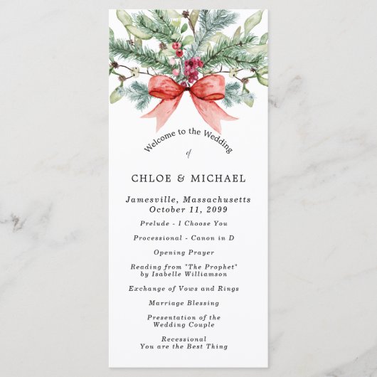 Rustikale Winter Botanische Rote Bow DIY Hochzeit Programm (Vorderseite)