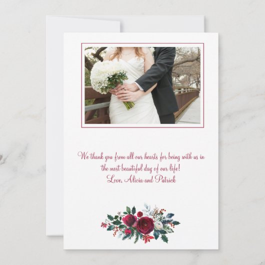 Rustikale Winter Burgund Rose Hochzeit Vielen Dank Dankeskarte (Rückseite)