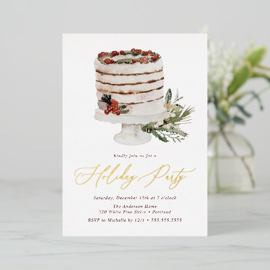 Rustikale Winter Cake Holiday Party Folieneinladung (Stehend vorne)