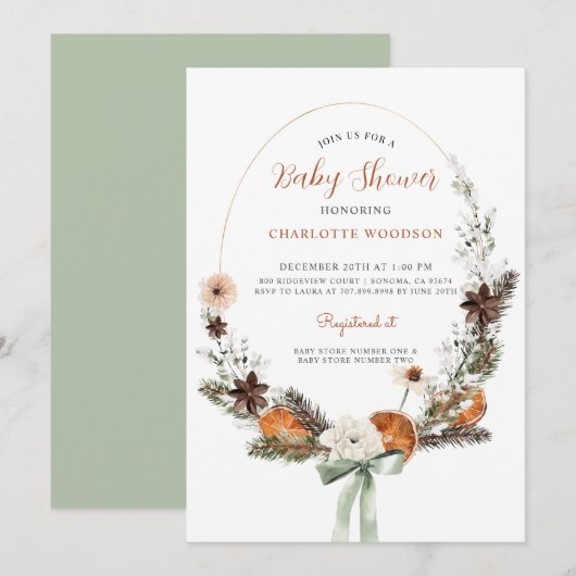 Rustikale Winter Citrus Pine Baby Dusche Einladung (Vorne/Hinten)