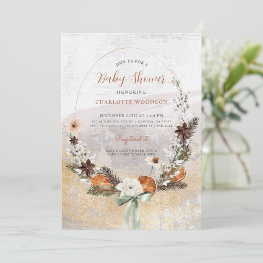 Rustikale Winter Citrus Pine Baby Dusche Einladung (Stehend Vorderseite)