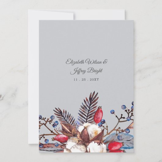 Rustikale Winter Cotton Red Berries Gold Wedding Einladung (Rückseite)