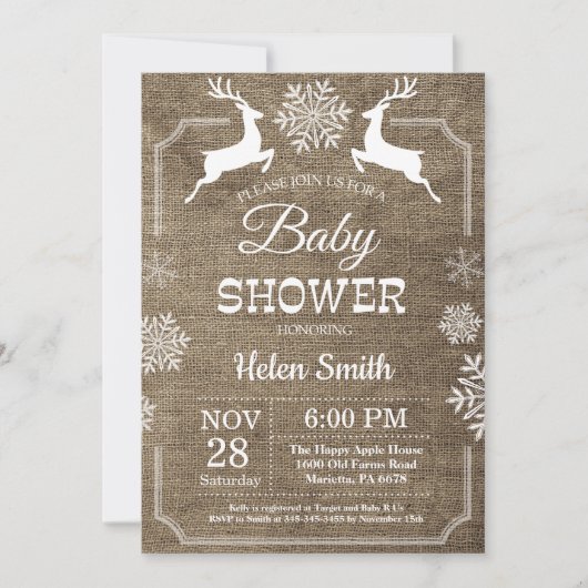 Rustikale Winter Deer Snowflake Baby Dusche Einladung (Vorderseite)