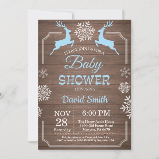 Rustikale Winter Deer Snowflake Boy Babydusche Einladung (Vorderseite)