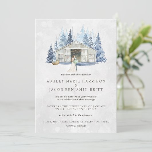 Rustikale Winter Evergreen Barn Wedding Einladung (Stehend Vorderseite)