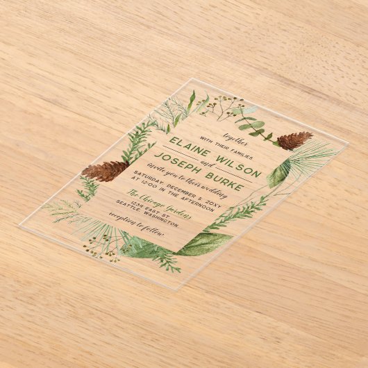 Rustikale Winter Foliage Pine Wedding Acryleinladungen (Ablage )