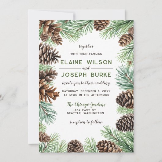 Rustikale Winter Foliage Pine Wedding Einladung (Vorderseite)
