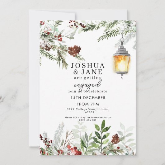 Rustikale Winter Greenery Lantern Engagement Party Einladung (Vorderseite)