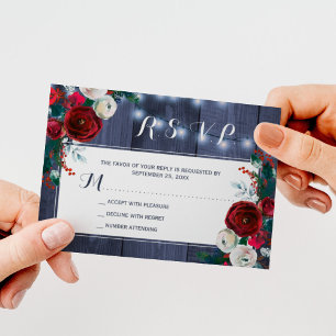 Rustikale Winter-Hochzeit Blumen elegant navy RSVP Begleitkarte