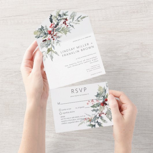 Rustikale Winter Holberries & Schneedetails All In One Einladung (Abreißen)